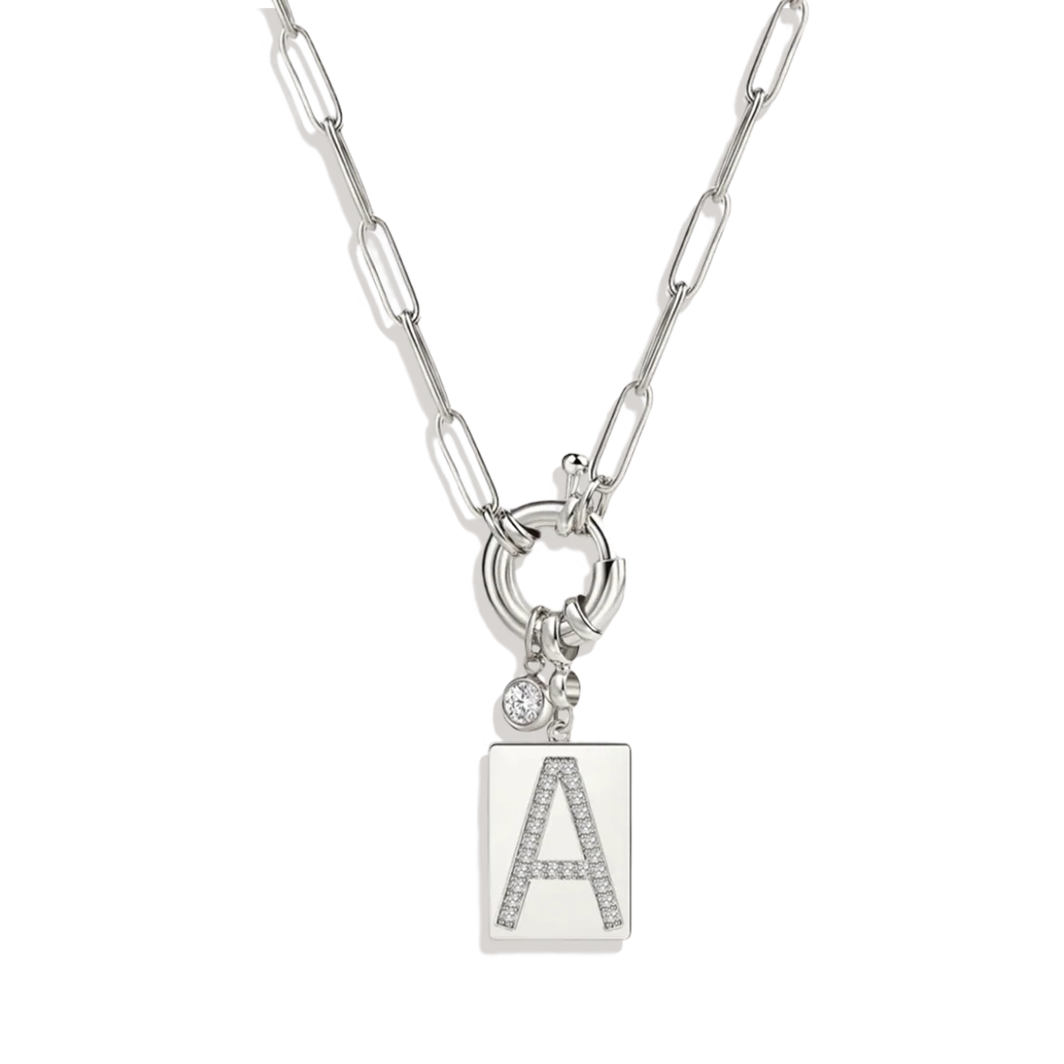 Pave Initial Pendant Necklace with Paperclip Chain - Image 5
