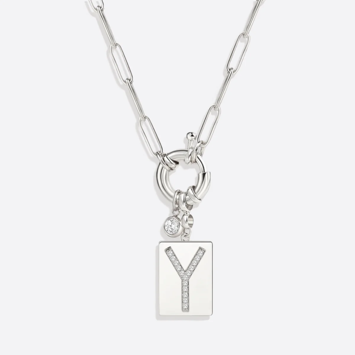 Pave Initial Pendant Necklace with Paperclip Chain - Image 7