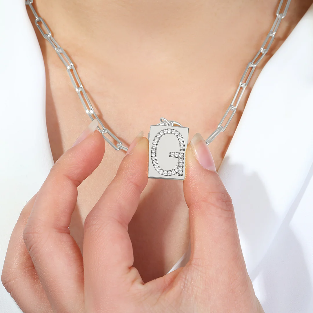 Sterling Silver Pave Initial Pendant Necklace with Paperclip Chain - Image 10