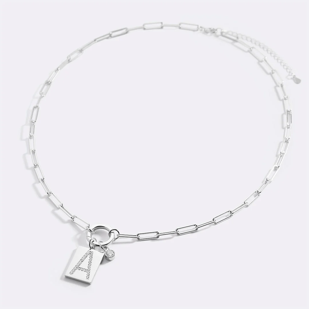 Sterling Silver Pave Initial Pendant Necklace with Paperclip Chain - Image 3
