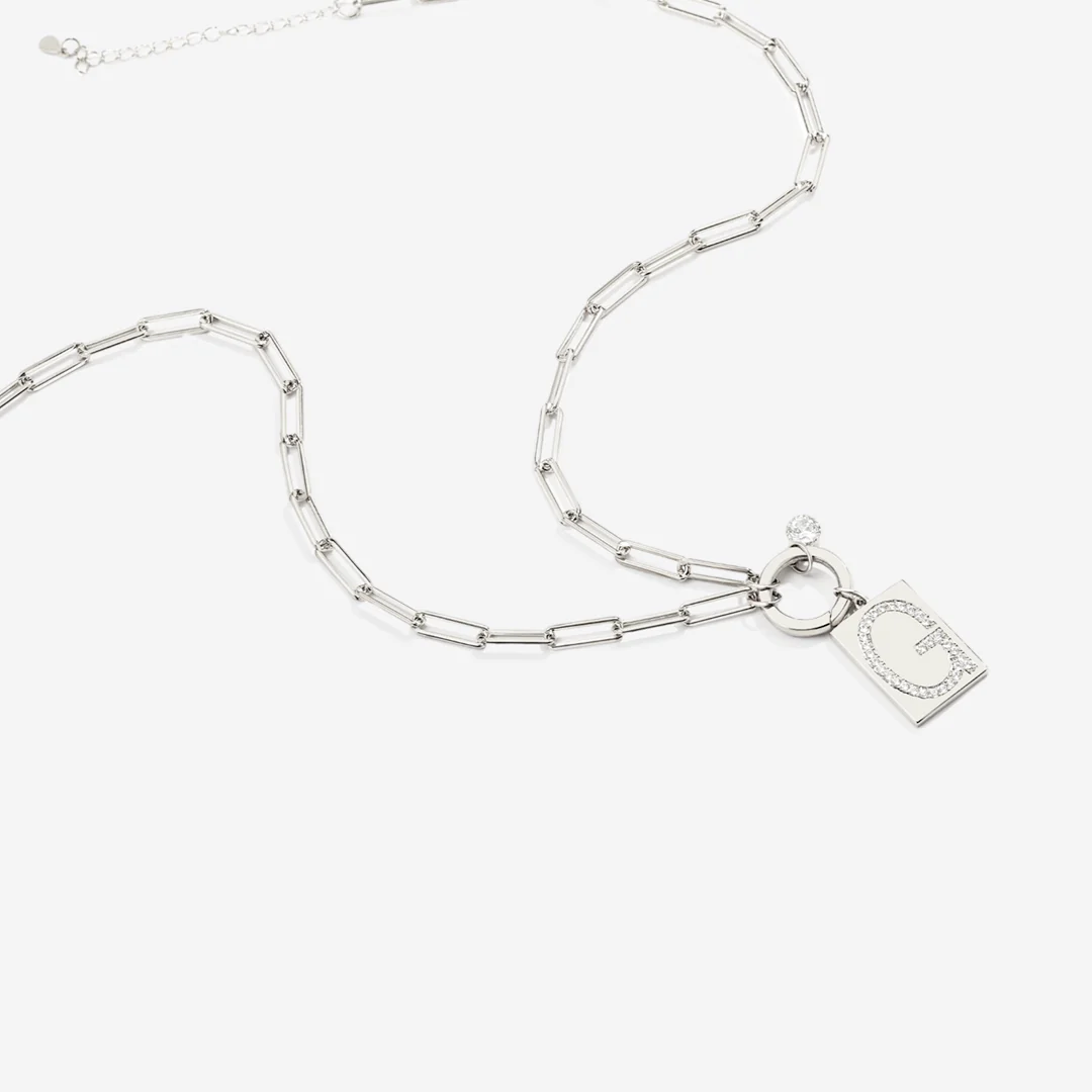 Sterling Silver Pave Initial Pendant Necklace with Paperclip Chain - Image 6